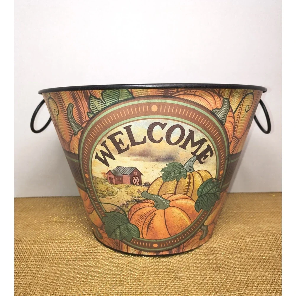 Metal Bucket Welcome Pumpkin‎ Harvest Thanksgiving Fall Decor Centerpiece